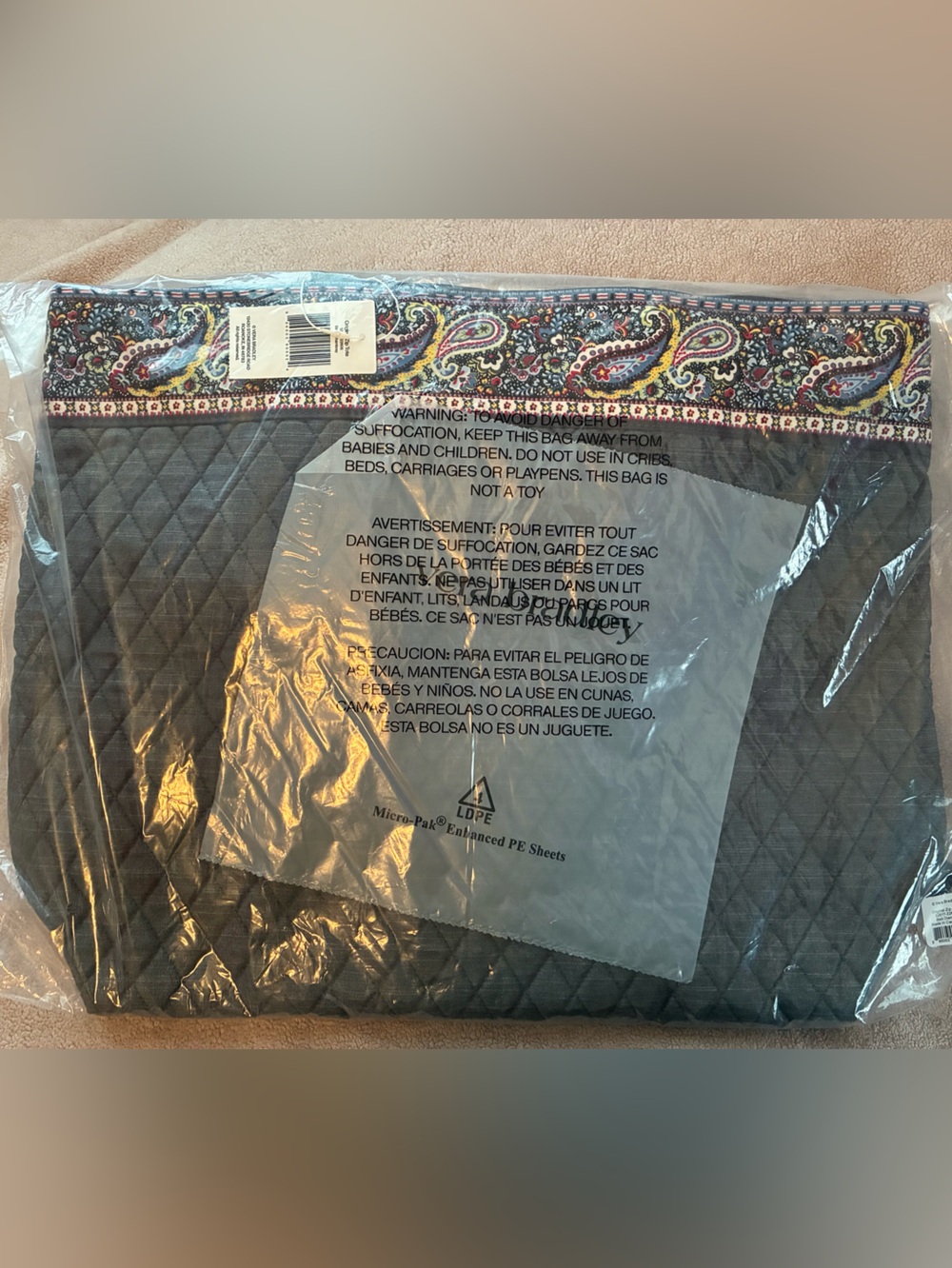 Vera Bradley Original Zip Tote Bag black Chambray NWT paisley trim cotton